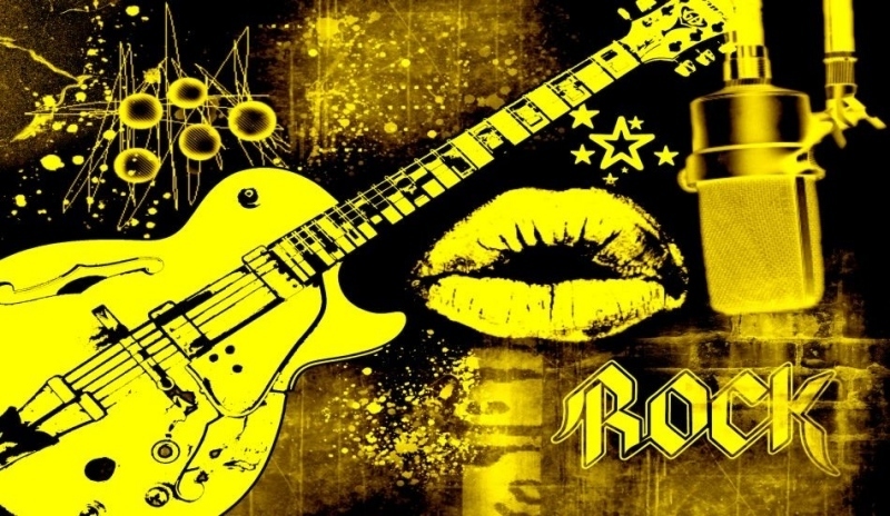 Namalovaná kytara se rty a nápisem ROCK 