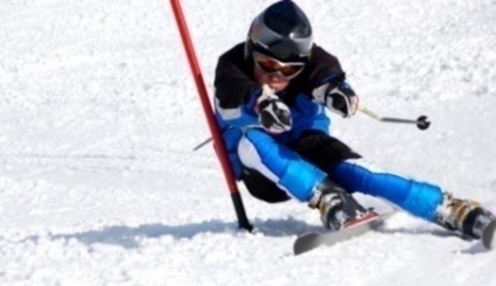 Osoba na lyžích projíždějící kolem slalomové tyčky 