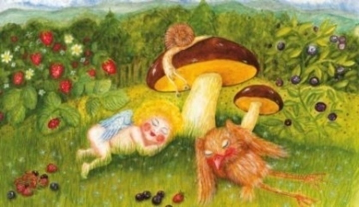 Kreslený anděl s ptáčkem ležící pod houbami 