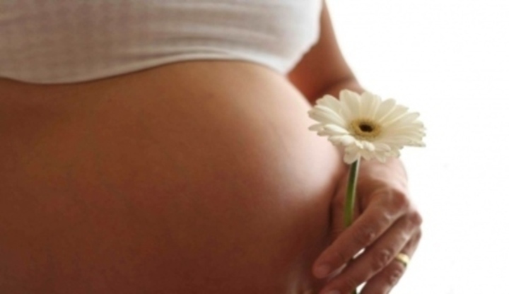 Ruka držící kytku u těhotenského břicha 
